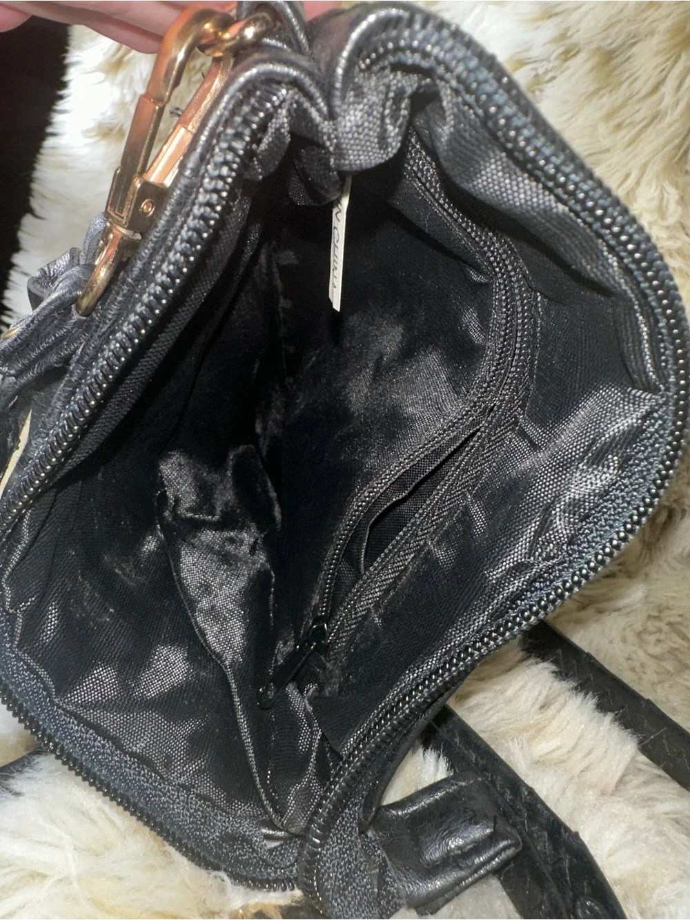 Faux Ostrich Crossbody Bag Black Fringe Travel Purse Gold Medallion Small